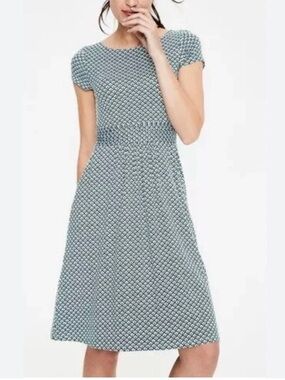 Boden Amelia Jersey Blue Patterned Cap-Sleeve Midi Dress